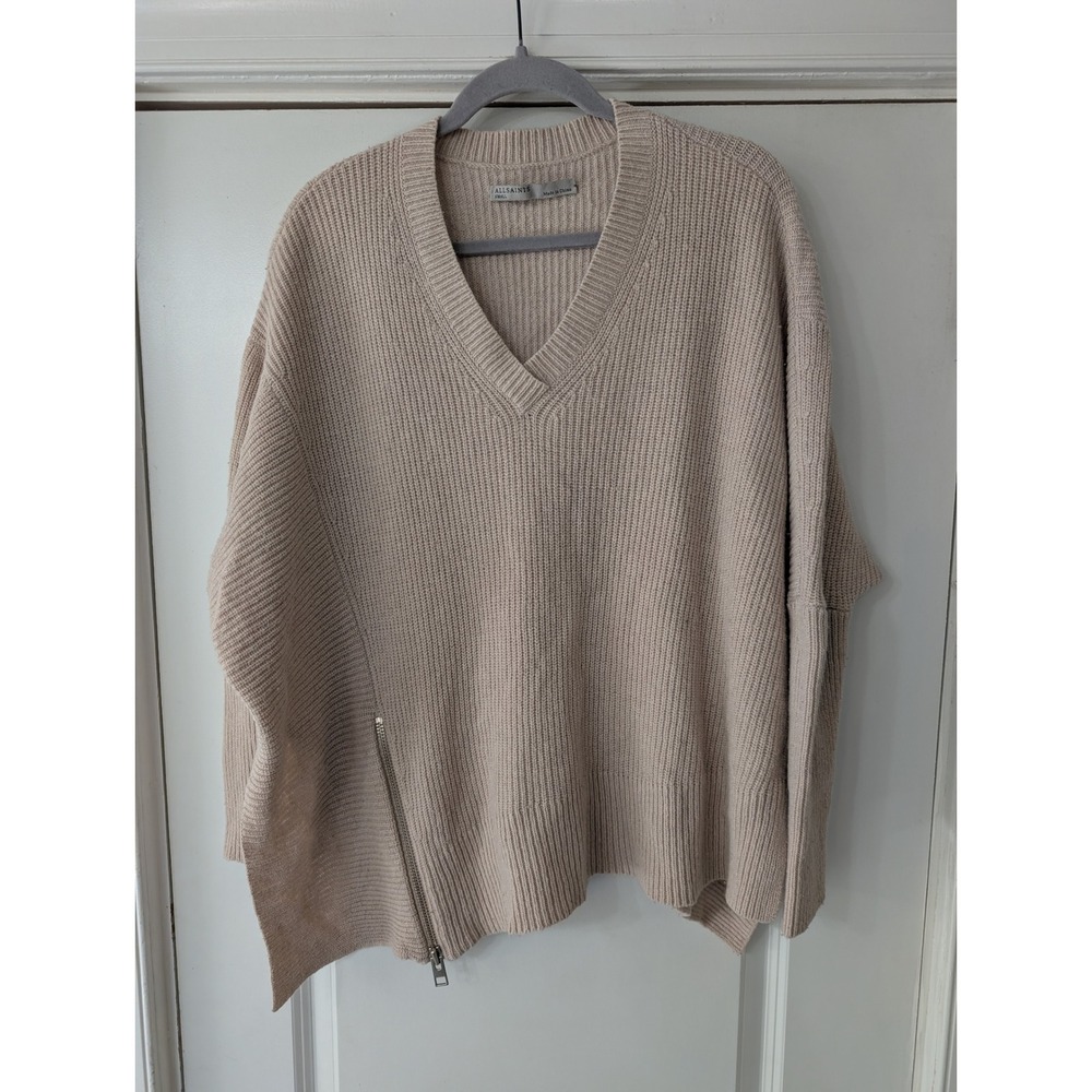 AllSaints Able Zip Jumper Beige Wool Alpaca Asymmetrical V-Neck small Sweater